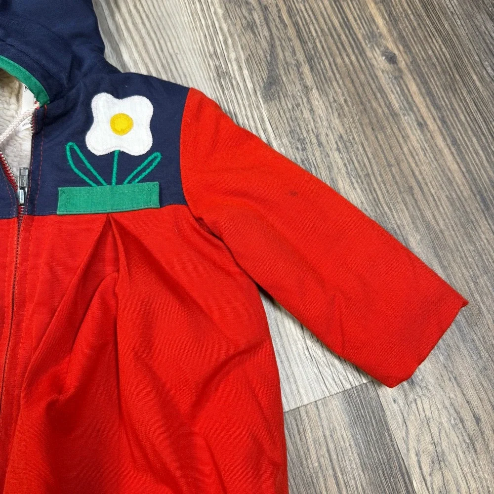 Vintage Koala Way Kids Red Navy Sherpa Lined Floral Applique Hooded Coat Size 3